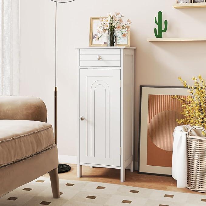 GLACER Floor Storage Cabinet, Multifunctional Bathroom Storage Cabinet with 2 Adjustable Shelves, Ideal for Bathroom, Living Room, 14 x 12 x 34.5 inches (White) - ModernBath