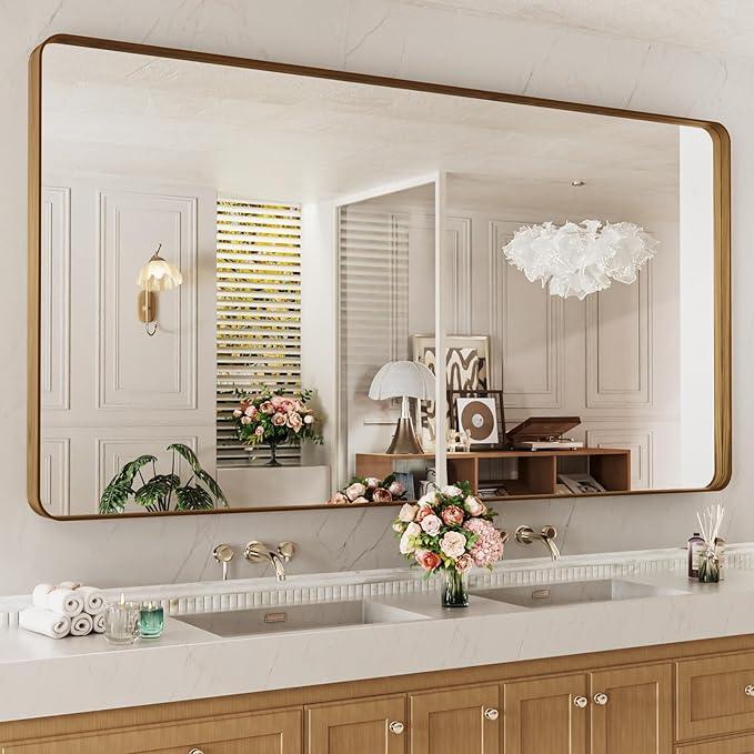 LOAAO 72X32 Inch Bathroom Mirror with Wood Grain Colored Metal Frame, Rounded Rectangle Metal Framed Bathroom Mirror, Anti-Rust, Hangs Horizontally or Vertically, Tempered Glass - ModernBath