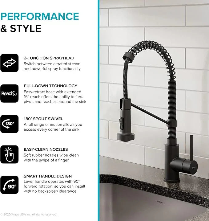 KRAUS Bolden Commercial Style 2-Function Single Handle Pull Down Kitchen Faucet in Matte Black, KPF-1610MB - ModernBath