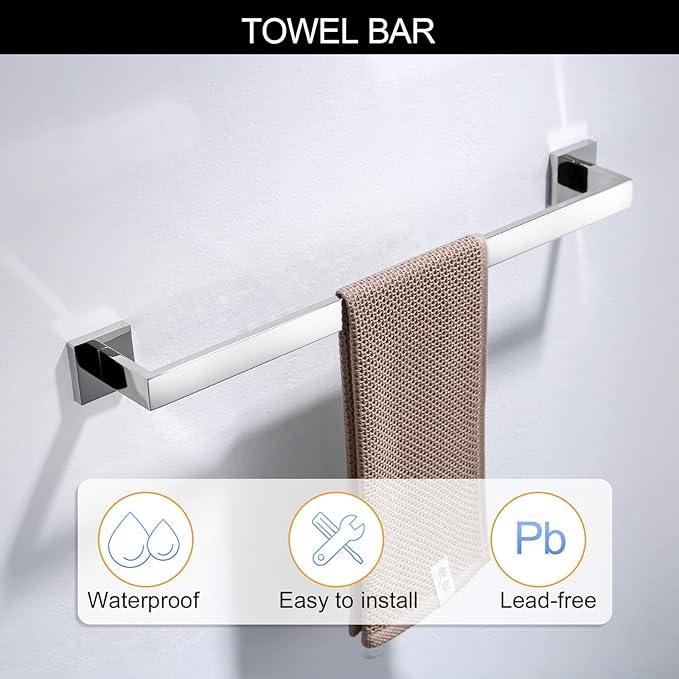 Bathroom Towel Bar Set Toilet Paper Holder with Shelf, Polished Chrome Bathroom Accessories Set, 23.6 Inch Towel Bar Towel Ring Towel Hook 5-Piece Bathroom Hardware Set - ModernBath