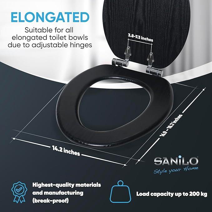 SANILO Wooden Toilet Seat with Soft Close [ELONGATED] - Decorative, Quiet & Slow Close Molded Wood Seat - With Strong Bumpers & Hinges - Adjustable Fit - Black Wood - ModernBath