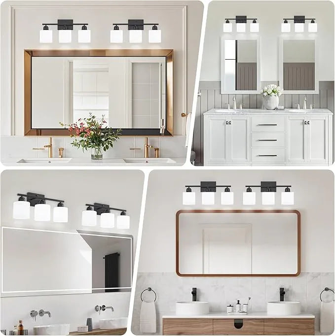 FAISHILAN 3-Light Bathroom Light Fixtures, Black Bathroom Vanity Lights with Milky White Frosted Glass Shades, Black Vanity Light for Bathroom Mirror, Bedroom, Living Room, Vanity Table, E26 Base - ModernBath