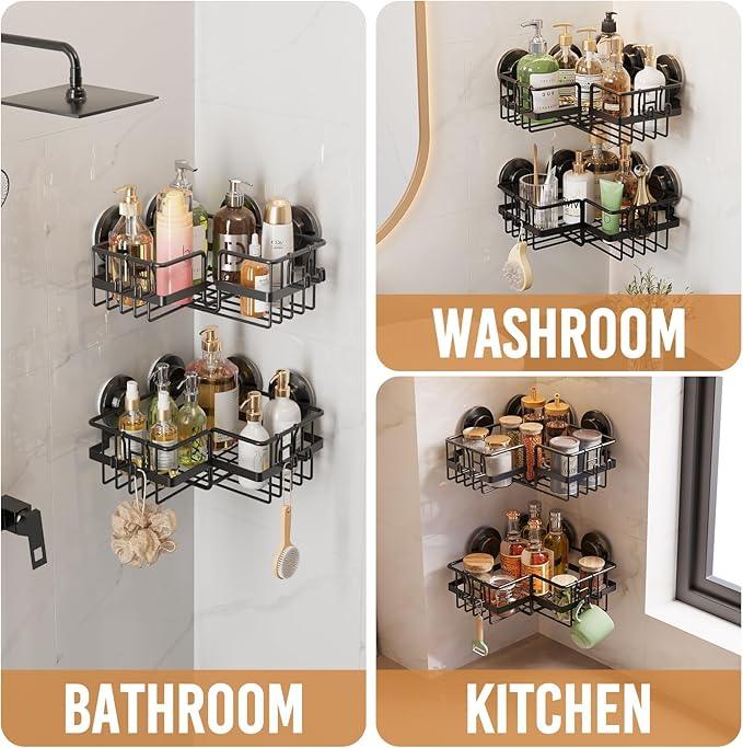 LEVERLOC 2 Pack Corner-adaptive Suction Cup Shower Caddies, Drill-Free Wall Mounted Basket, Stainless Steel Rustproof Corner Shower Shelf, Large Capacity Removable Suction Bathroom Organizer, Black - ModernBath