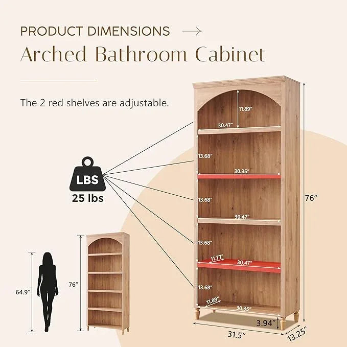 76" Tall Arched Bathroom Storage Cabinet, 5 Tiers Large Farmhouse Arched Cabinet w/Adjustable Shelves, Modern Wooden Storage Cabinet for Bathroom, Living Room, Entryway, Study Room (Natural) - ModernBath