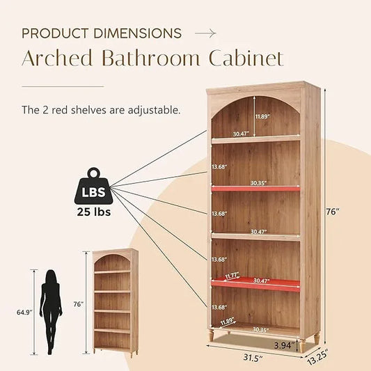 76" Tall Arched Bathroom Storage Cabinet, 5 Tiers Large Farmhouse Arched Cabinet w/Adjustable Shelves, Modern Wooden Storage Cabinet for Bathroom, Living Room, Entryway, Study Room (Natural) - ModernBath