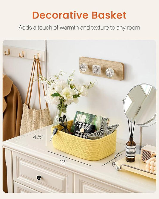 Small Woven Basket, 12 x 8 x 4.5 Inches, Storage Basket for Organizing, Cute Small Rope Shelf Closet Cube Storage Bins Baskets for Shelves, Dog Toy Gift Baskets Empty, 3 Pack Yellow - ModernBath
