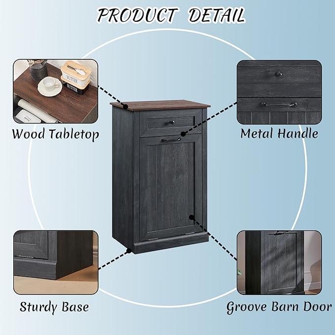 Tilt Out Laundry Hamper Cabinet, 10 Gallon Farmhouse Trash Can Cabinet with Drawer, Hidden Wood Garbage Can Bin Cabinet with Laundry Storage Basket for Bathroom, Kitchen, Dark Grey - ModernBath