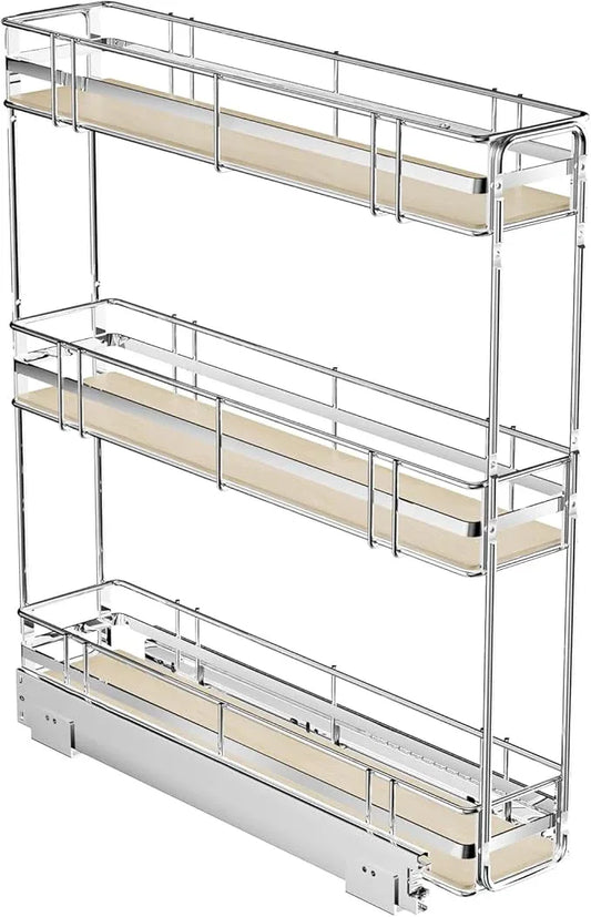 ROOMTEC 3-Tier Pull Out Cabinet Organizer Spice Rack for Narrow Cabinet 6" W x 20½" D, Slide Out Wood Shelves Storage for Kitchen - ModernBath