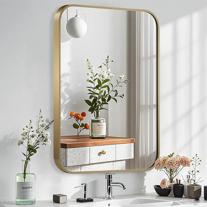 CLBA Gold Mirror, 30x36 Inch Gold Rectangle Mirror, Aluminum Alloy Framed Vanity Mirror, Rounded Rectangle Bathroom Mirror for Over Sink, Anti-Rust Wall Mirror (Horizontally or Vertically) - ModernBath