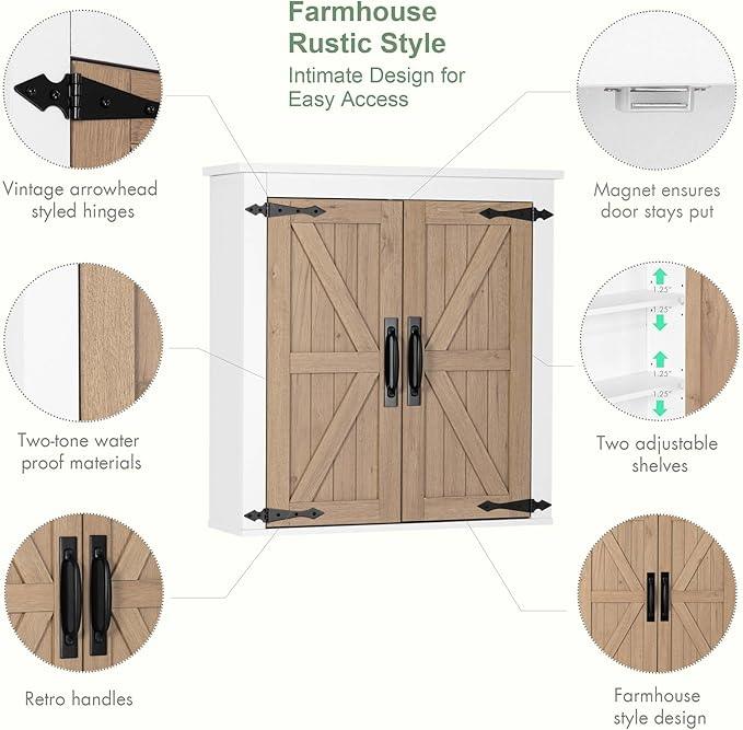 Spirich Bathroom Wall Cabinet Over Toilet, Farmhouse Wall Mounted Medicine Cabinet Organizer with Wood Grain Barn Doors and Adjustable Shelves - ModernBath