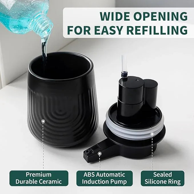 BosilunLife Ceramic Automatic Soap Dispenser with Extended Pump Nozzle, 3 Adjustable Levels, Touchless Lotion Hand Wash Liquid Soap Dispenser for Bathroom & Kitchen, Embossed Wave Design, Black, 10oz - ModernBath