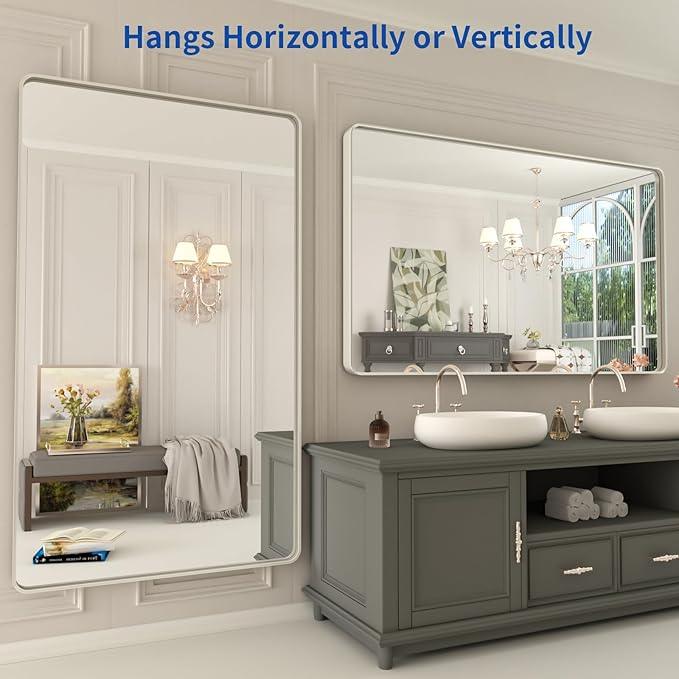 WEER 50X30 Inch Brushed Nickel Bathroom Mirror, Brushed Silver Metal Frame Mirror, Rounded Rectangle Silver Bathroom Vanity Mirror, Tempered Glass, Anti-Rust, Hangs Horizontally or Vertically - ModernBath