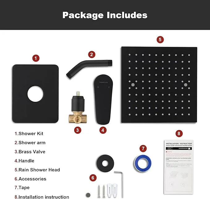 Lavatrum Premium Shower Head and Valve Set Wall Mount 8 Inch Rainfall Square Shower Faucet Single Spray with Rough-in Valve and Trim Kit for Bathroom(Matte Black) - ModernBath