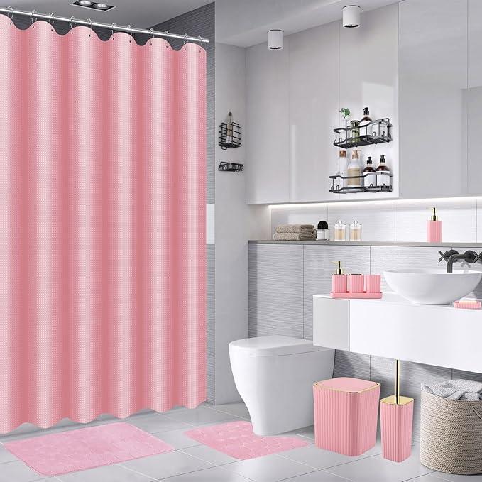 XLHOMO 30PC Bathroom Accessories Set - Gorgeous Pink Bathroom Set, Bathroom Accessory Set, Pink Shower Curtain Set with 5PC Shower Caddy - ModernBath