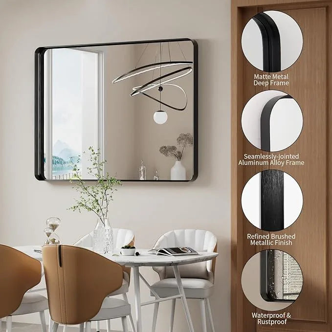 Koonmi Black Wall Mirror for Bathroom, 30x48 Inch Matte Deep Framed Rounded Rectangle Vanity Mirror for Farmhouse Living Room, Tempered Glass, Anti-Rust, Vertically or Horizontally - ModernBath