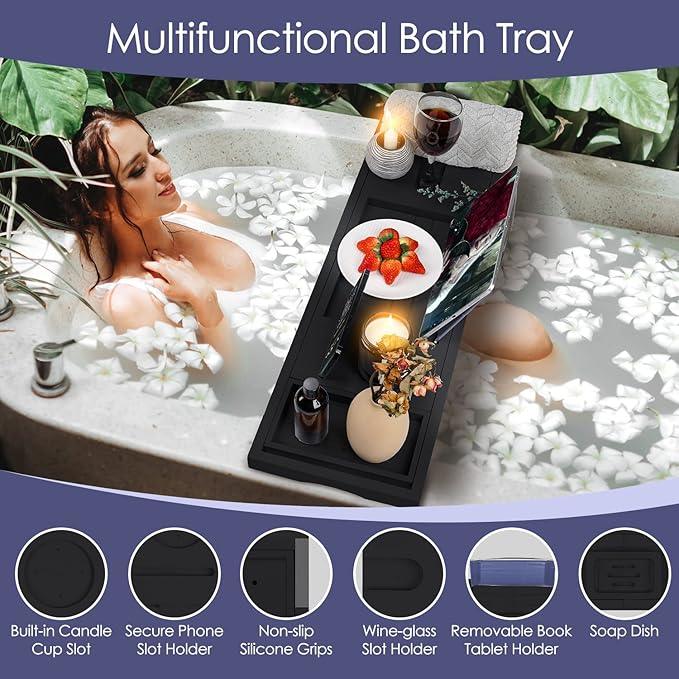 Foldable Bathtub Caddy Tray, Bamboo Bath Tub Tray Table for Tub with Wine Glass Holder Book Phone Tablet Holder with Extending Sides, Adjustable Bathroom Bathtub Free Soap Holder Gift Idea (Black) - ModernBath