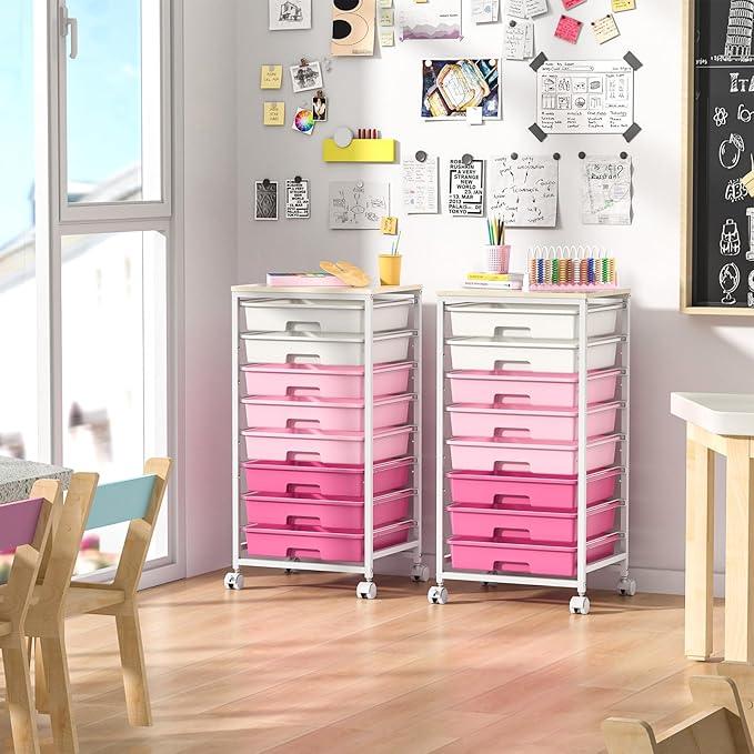Rolling Cart with Drawers,Storage Cart with 8 Drawers and Wooden Tabletop,Utility Cart for Living Room,Classroom, Bedroom,Bathroom,Dorm,Office,Rose Pink - ModernBath