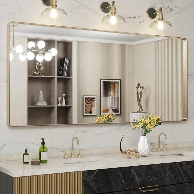 LOAAO 72”X32” Gold Bathroom Mirror, Rounded Rectangle Gold Frame Mirror, Brushed Gold Bathroom Vanity Mirror Wall-Mounted, Anti-Rust, Tempered Glass, Hangs Horizontally or Vertically - ModernBath