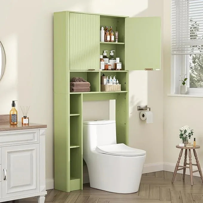 31" W Over The Toilet Storage Cabinet with Fluted Door, Green Bathroom Organizer with Adjustable Shelf, 67''H Tall Natural Toilet Paper Holder Stand Wave Door for Restroom, Laundry Room - ModernBath