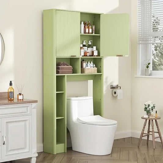 31" W Over The Toilet Storage Cabinet with Fluted Door, Green Bathroom Organizer with Adjustable Shelf, 67''H Tall Natural Toilet Paper Holder Stand Wave Door for Restroom, Laundry Room - ModernBath