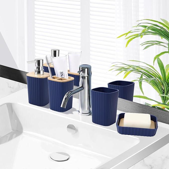 XLHOMO Blue Bathroom Set - Navy Blue Bathroom Accessories Set with with Trash Can,Toothbrush Holder,Toothbrush Cup,Soap Dispenser,Tray,Soap Dish,Toilet Brush,Qtip Holders for Bathroom Home Decor - ModernBath