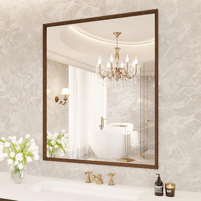 JISOSO Rectangle Bathroom Mirror 30x36 Inch, Walnut Wood Grain Framed, Anti-Rust & 4mm Tempered Glass, Horizontal/Vertical Hanging Vanity Mirror for Bathroom & Bedroom - ModernBath