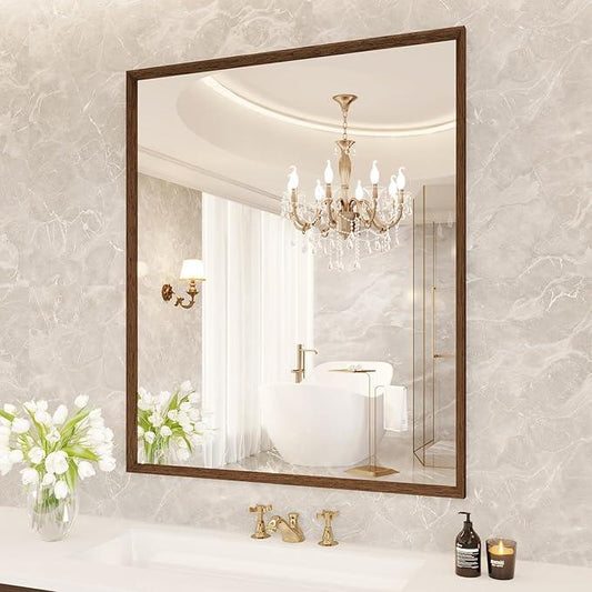 JISOSO Rectangle Bathroom Mirror 30x36 Inch, Walnut Wood Grain Framed, Anti-Rust & 4mm Tempered Glass, Horizontal/Vertical Hanging Vanity Mirror for Bathroom & Bedroom - ModernBath