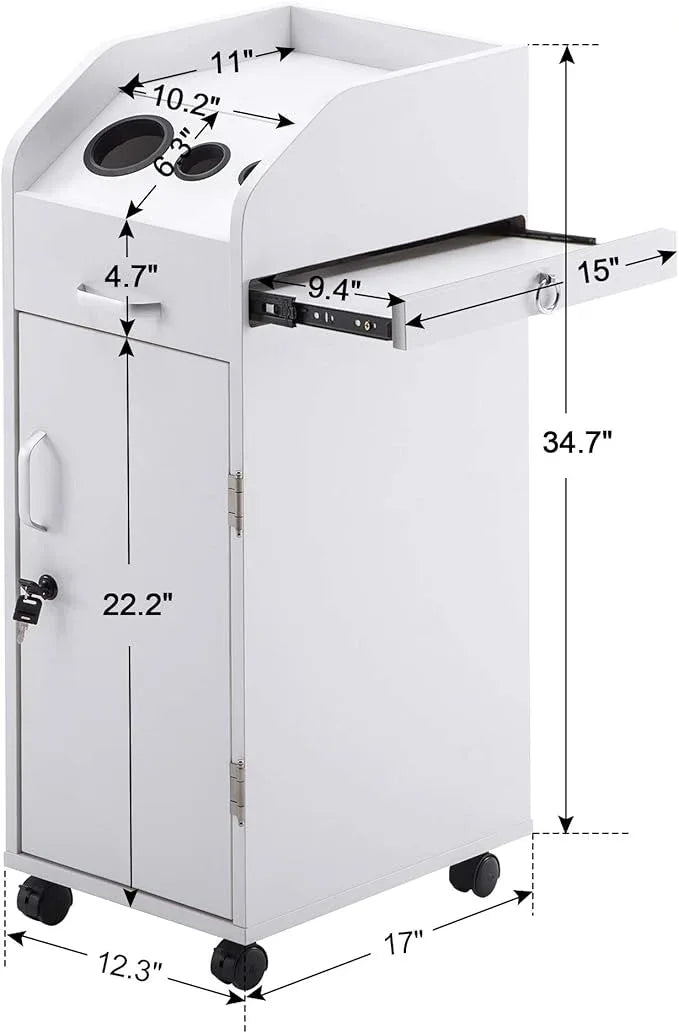 BarberPub Beauty Salon Trolley Storage Cart Hair Dryer Holder Stylist Equipment with Lockable Rolling Wheels, Drawer (White) - ModernBath