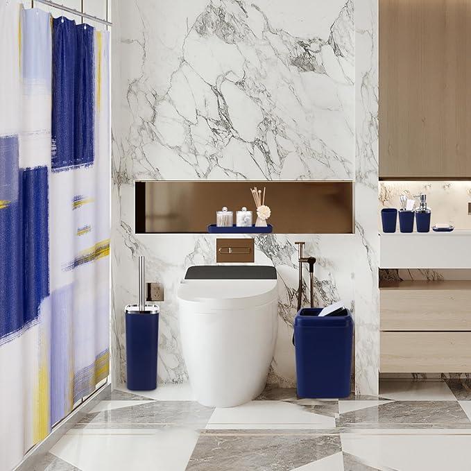 XLHOMO Blue Bathroom Accessories Set, Bathroom Sets with Shower Curtain, Navy Blue Bathroom Accessories with Trash Can, Soap Dispenser, Soap Dish, Toilet Brush Holder, Qtip Holders for Bathroom - ModernBath
