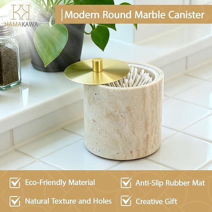 HAMAKAWA Nartural Marble Qtip Holder with Brass Lid, Beige Travertine Cotton Swab Jar, Modern Round Canister, Small Apothecary Storage Jars for Bathroom, Bedroom, Vanity, Kitchen Cabinet - ModernBath