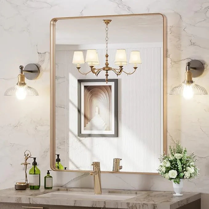 LOAAO 28”X36” Gold Bathroom Mirror, Rounded Rectangle Gold Frame Mirror, Brushed Gold Bathroom Vanity Mirror Wall-Mounted, Anti-Rust, Hangs Horizontally or Vertically - ModernBath