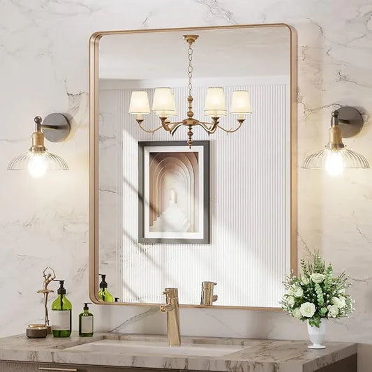 LOAAO 28”X36” Gold Bathroom Mirror, Rounded Rectangle Gold Frame Mirror, Brushed Gold Bathroom Vanity Mirror Wall-Mounted, Anti-Rust, Hangs Horizontally or Vertically - ModernBath