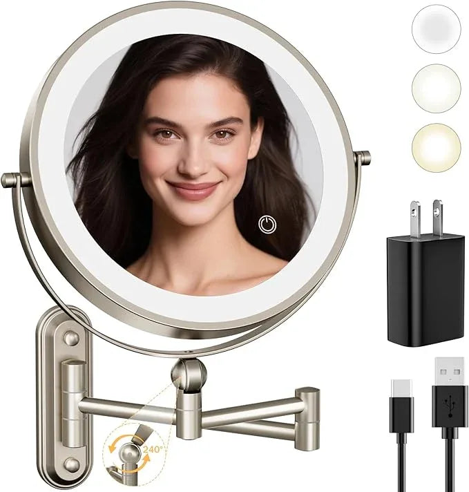 9" Wall Mounted LED Lighted Makeup Vanity Mirror - 4000mAh Rechargeable Double Sided 1X/30X Magnifying Mirror, 3 Color Lights Touch Dimmable, Height Adjustable Extended Arm 360° Swivel Bathroom Mirror - ModernBath