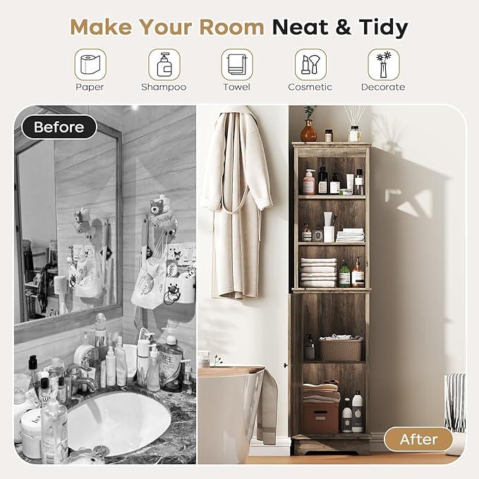 Narrow Bathroom Storage Cabinet with Door and Open Adjustable Shelves, 60.9" H Wooden Tall Tower Corner Farmhouse Cabinet, Freestanding Organizer for Kitchen, Entryway Grey - ModernBath