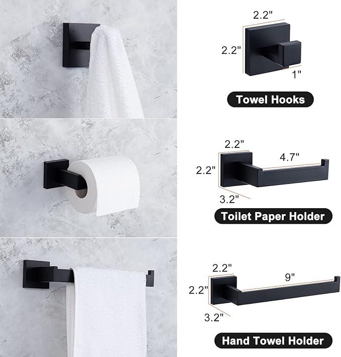 Bathroom Hardware Accessories Set Matte Black,5-Piece Black Towel Bar Set 16" Wall Mounted Towel Holder Stainless Steel-Includes Towel Bar,Robe Towel Hooks,Toilet Paper - ModernBath
