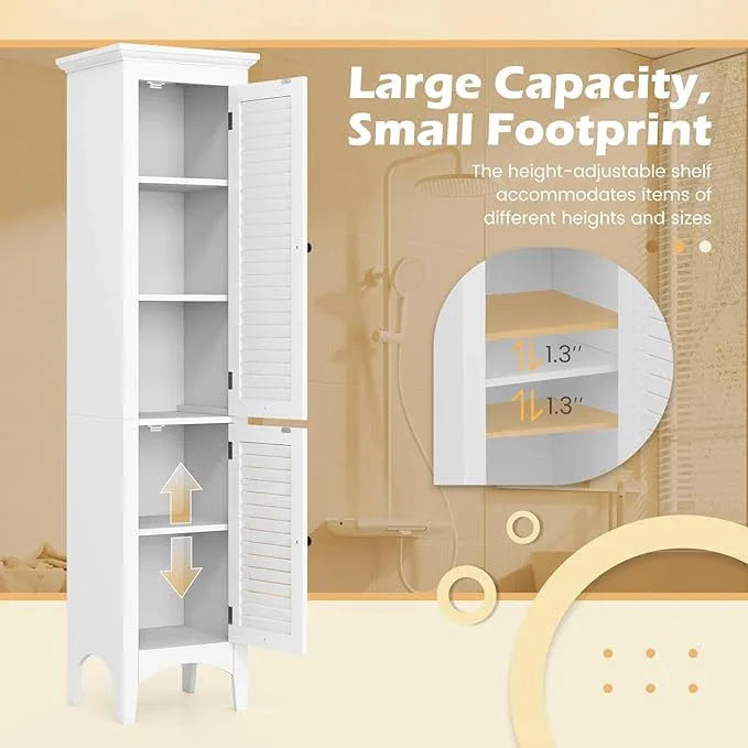Tangkula 63" Tall Bathroom Storage Cabinet, Freestanding Narrow Linen Tower with Adjustable Shelf, Modern Slim Floor Cabinet with 2 Doors for Bathroom, Living Room, Kitchen (White) - ModernBath