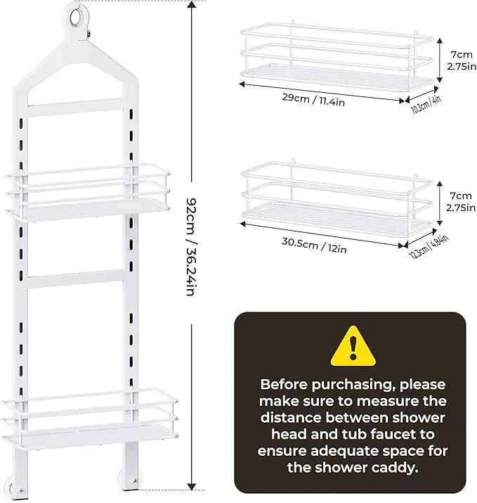 Orimade Adjustable Anti-slip Shower Caddy over Shower Head, Rustproof Bathroom Hanging Shower Organizer with 2 Hooks for Razor, No Drilling Shelves Storage Rack 2 Tier, White - ModernBath