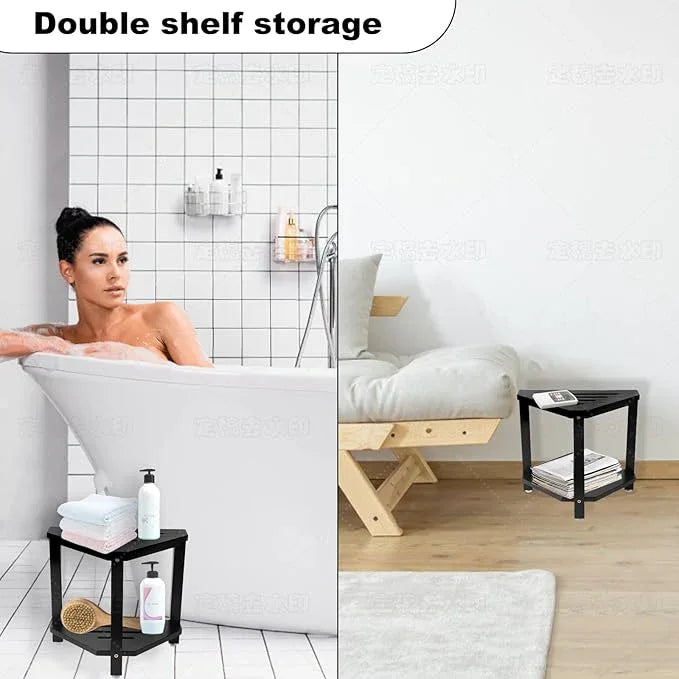 IBosins Corner Shower Stool with Storage Shelf Shower Foot Rest for Shaving Legs Small Bench for Inside Shower to Sit on Bath Seat - Acacia Wood, Black - ModernBath