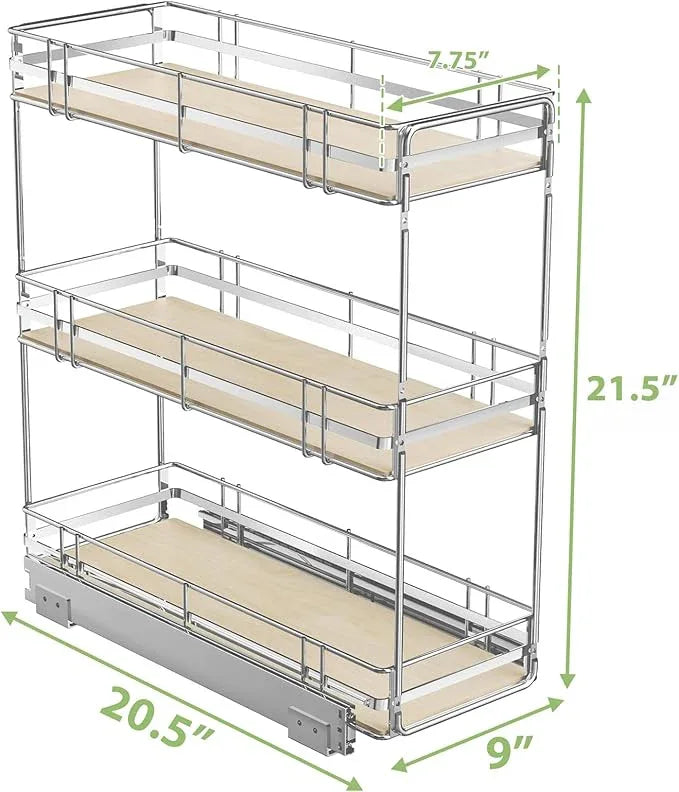 ROOMTEC 3-Tier Pull Out Cabinet Organizer Spice Rack for Narrow Cabinet 9" W x 20½" D, Slide Out Wood Shelves Storage for Kitchen - ModernBath