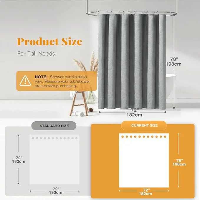 BTTN Long Grey Fabric Shower Curtain, 230GSM Linen Textured Heavy Duty Cloth Shower Curtain Set with Hooks, Waterproof Neutral Weighted Luxury Decorative Shower Curtains for Bathroom(Gray, W72xH78) - ModernBath