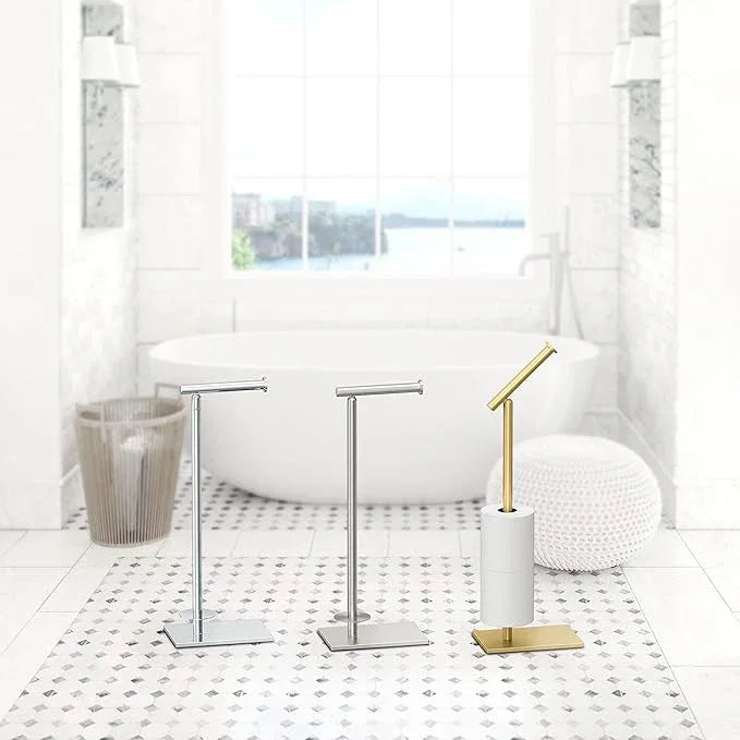 Gatco 1443B, Modern Rectangle Base Freestanding Toilet Paper Holder with Storage, 21.13”H, Brushed Brass - ModernBath