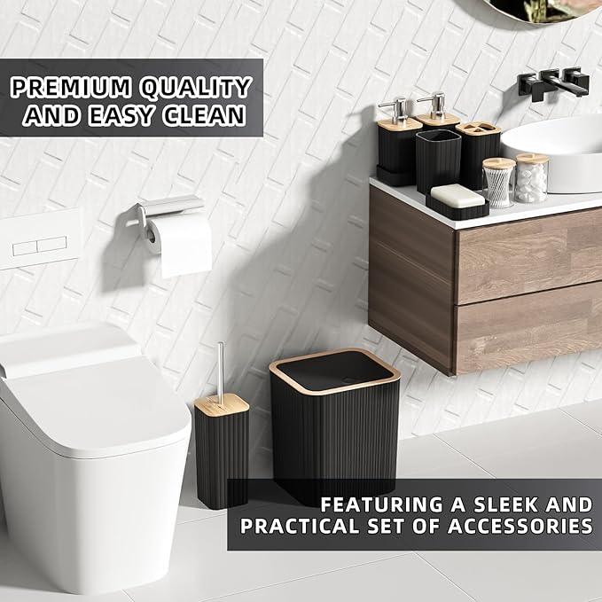 XLHOMO Bathroom Accessories Set - Elegant Black Bathroom Set, 10PC Bathroom Accessory Set, Toilet Brush, Trash Can, Qtip Holder Dispenser & Soap Dispenser - ModernBath