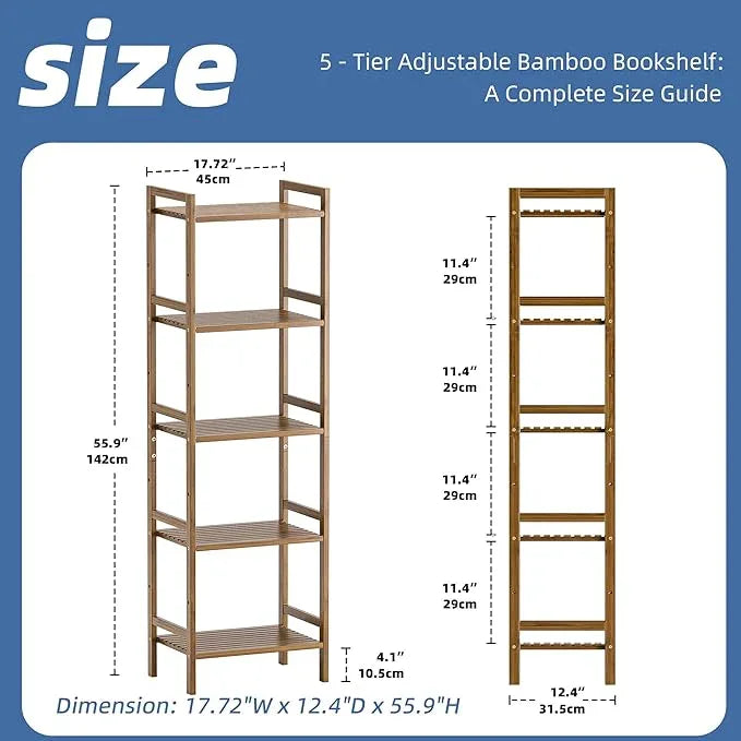 HITNET Bamboo Book Shelf, Tall Narrow Bookcase, Bathroom Shelving Unit 5 Tier Floor Standing Adjustable Bookshelf for Small Spaces, Walnut - ModernBath