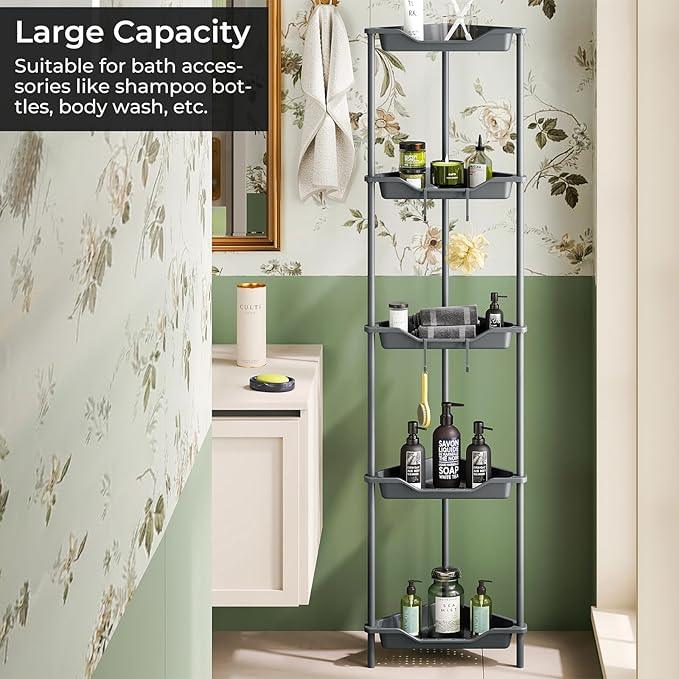 ODesign 5 Tier Floor Standing Corner Shower Caddy Organizer, Plastic Metal Floor Corner Shelf Storage Rack for Bathroom Grey - Rustproof - ModernBath