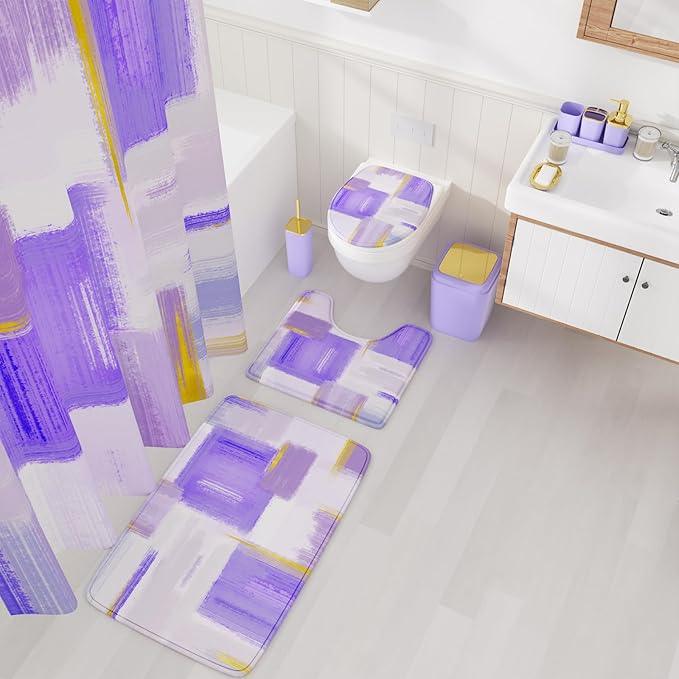XLHOMO Bathroom Accessories Set - 25PC Bathroom Set with Shower Curtain and Rugs, Purple Bathroom Set, Bathroom Accessory Set with Press-on Lid Trash Can, Soap Dispenser and Qtip Holders - ModernBath