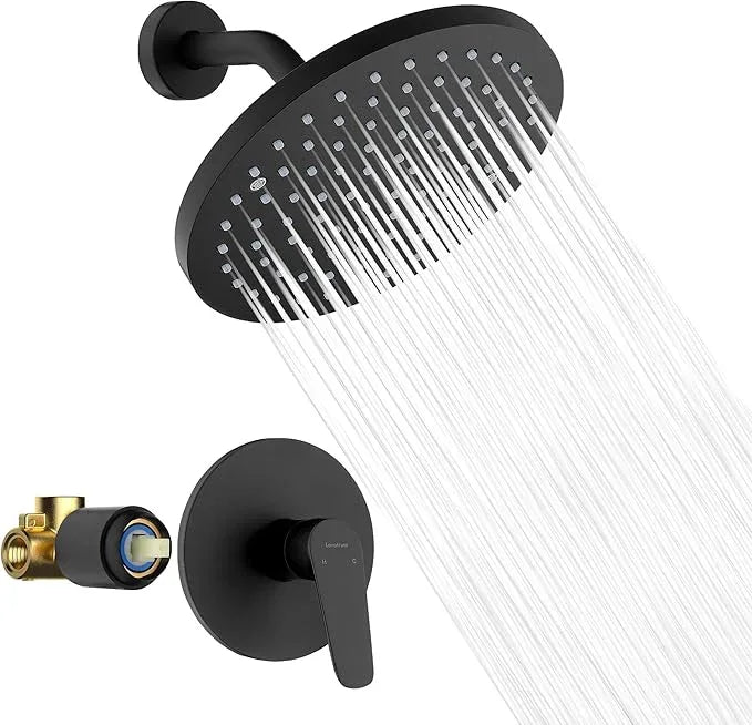 Lavatrum Mate Black Shower Head and Handle Set Single Spray Premium Wall Mount 8 Inch Rainfall Round Shower Faucet with Rough-in Valve and Trim Kit for Bathroom（1.8GPM) - ModernBath