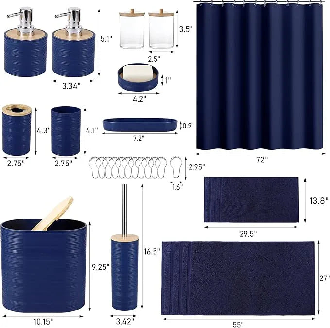 XLHOMO Navy Blue Bathroom Set, Bathroom Accessories Set with Shower Curtain, Bath Towel Set, Blue Shower Curtain Set with Bathroom Trash Can, Soap Dispenser, Soap Dish for Home Decor - ModernBath