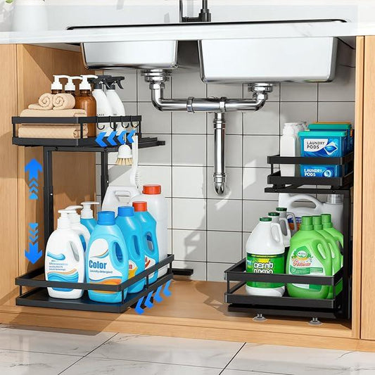 Under Sink Organizer, Dual-Rail Ball-Bearing, Under Kitchen Sink Organizer, 6-Level Adjustable, Under Cabinet Organizer, No-Drill Adhesive/Suction, Under Sink Storage (Matte Black, 2-Pack) - ModernBath