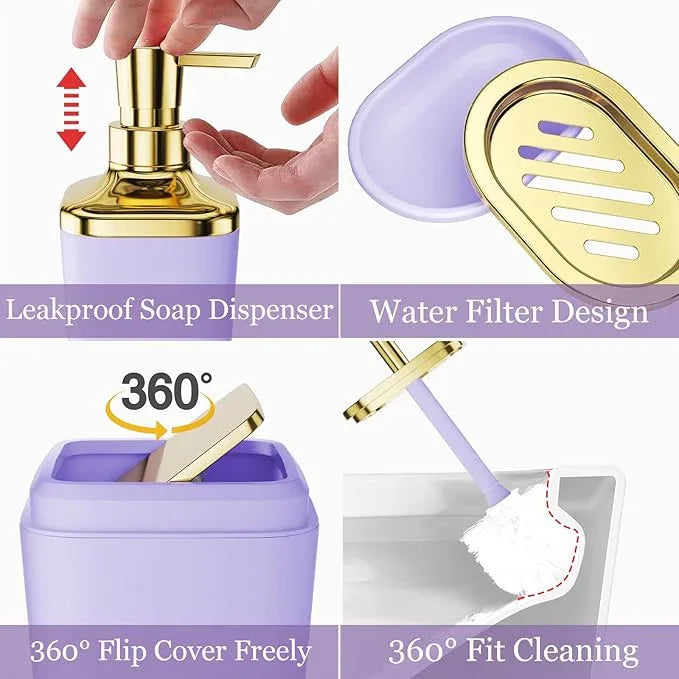 XLHOMO Purple Bathroom Accessories, Bathroom Sets with Stripe Shower Curtain, Purple and Gold Bathroom Accessories Set with Trash Can, Soap Dispenser, Soap Dish, Qtip Holders for Bathroom - ModernBath