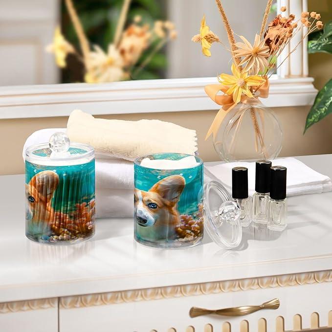 BOENLE 2 Pack Qtip Holder Organizer Dispenser Corgi Dog Underwater Bathroom Storage Canister Cotton Ball Holder Container for Cotton Pads/Swabs/Floss - ModernBath